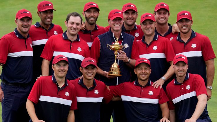 Team USA poses for a picture after the Ryder Cup matches at the Whistling Straits Golf Course Sunday, Sept. 26, 2021, in Sheboygan, Wis. (AP Photo/Ashley Landis) 