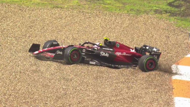 Zhou Guanyu spins of the track and gets beached in the gravel during P3 of the Dutch GP.