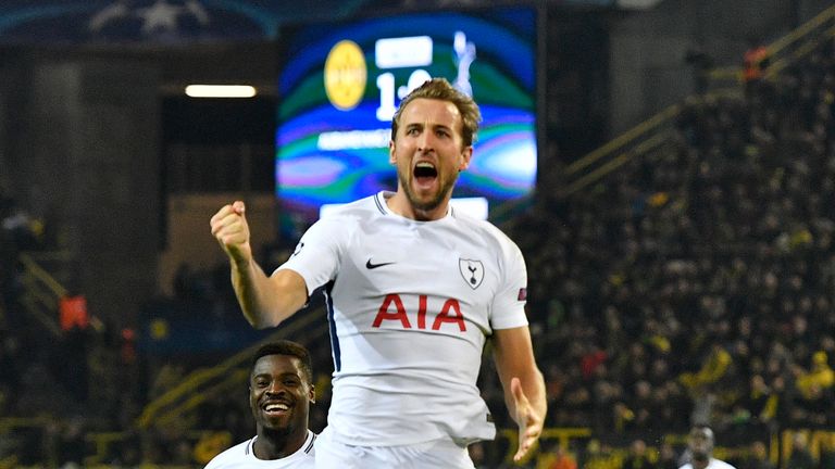 Tottenham's Harry Kane celebrates after scoring his side's opening goal during the soccer Champions League group H match between Borussia Dortmund and Tottenham Hotspur in Dortmund, Germany, Tuesday, Nov. 21, 2017. (AP Photo/Martin Meissner)