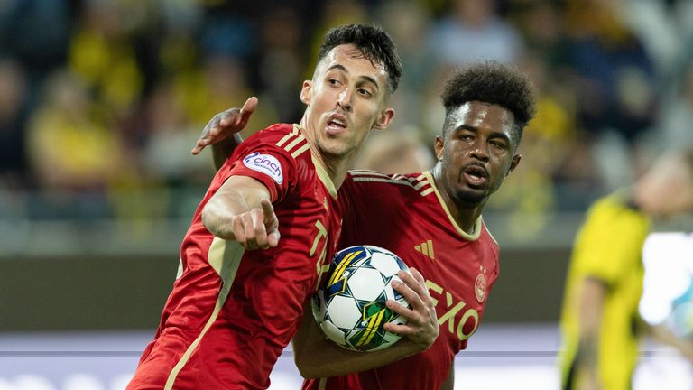 GOTHENBURG, SWEDEN - AUGUST 24: Aberdeen's Bojan Miovski celebrates after making it 2-1 during a UEFA Europa League Play-Off Round match between BK Hacken and Aberdeen at Bravida Arena, on August 24, 2023, in Gothenburg, Sweden. (Photo by Craig Foy / SNS Group)