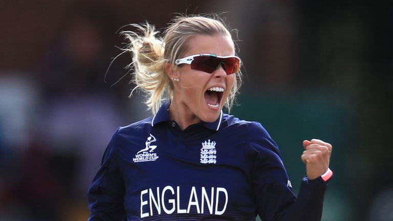 England's Alex Hartley celebrates the wicket of New Zealand's Holly Huddlestone during the Women's World Cup match at the The County Ground, Derby. PRESS ASSOCIATION Photo. Picture date: Wednesday July 12, 2017. See PA story CRICKET England Women . Photo credit should read: Mike Egerton/PA Wire. RESTRICTIONS: Editorial use only. No commercial use without prior written consent of the ECB. Still image use only. No moving images to emulate broadcast. No removing or obscuring of sponsor logos.