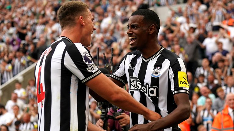 Alexander Isak celebrates after scoring Newcastle's second goal