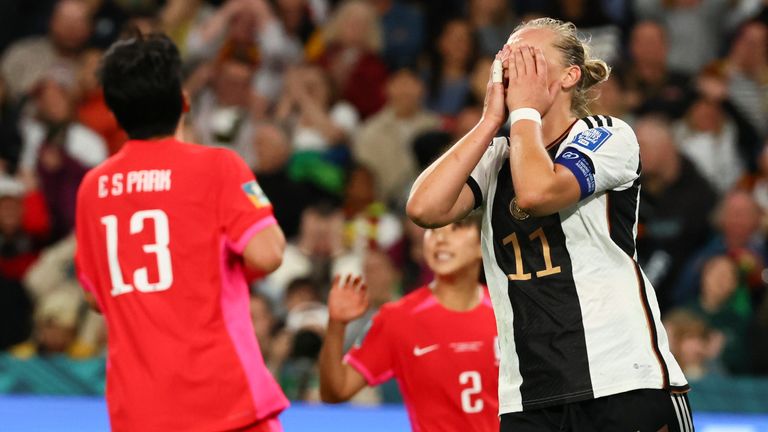 Germany's Alexandra Popp reacts after her shot is saved