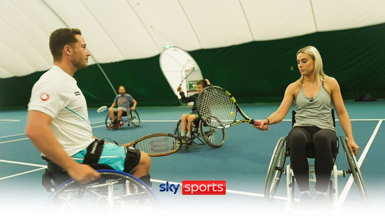 Alfie Hewitt shows Emma Patton the basics of wheelchair tennis