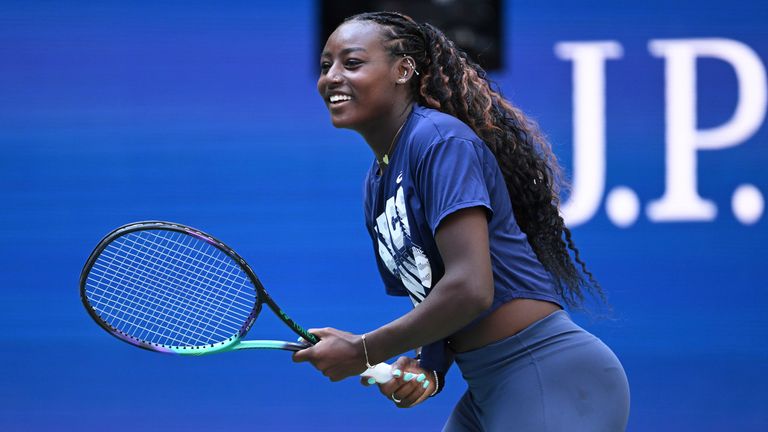 Alycia Parks reacts during practice at the 2023 US Open, Tuesday, Aug. 22, 2023 in Flushing, NY. (Pete Staples/USTA via AP)