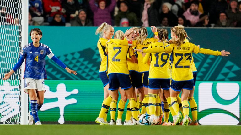 Amanda Ilestedt scores the opening goal of the Women's World Cup quarterfinal match Japan and Sweden