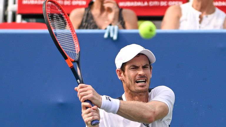 July 30, 2021, Washington, D.C, U.S: ANDY MURRAY hits a backhand during his match at the Rock Creek Tennis Center. (Cal Sport Media via AP Images)