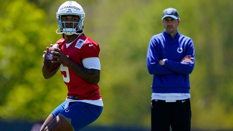 Indianapolis Colts quarterback Anthony Richardson throws in front of head coach Shane Steichen 