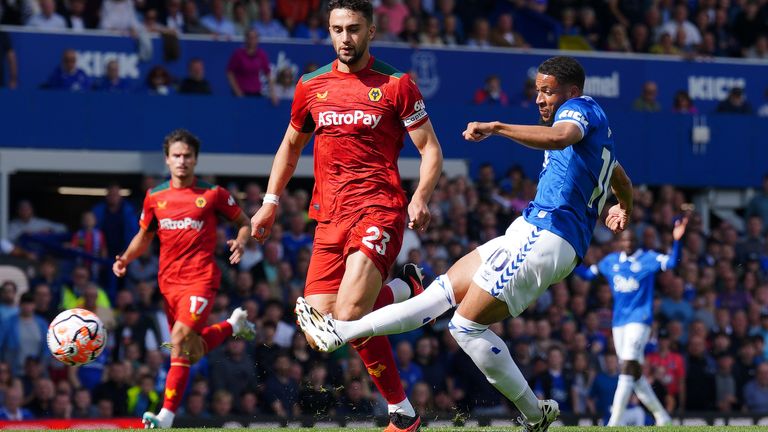 Everton's Arnaut Danjuma shoots towards goal