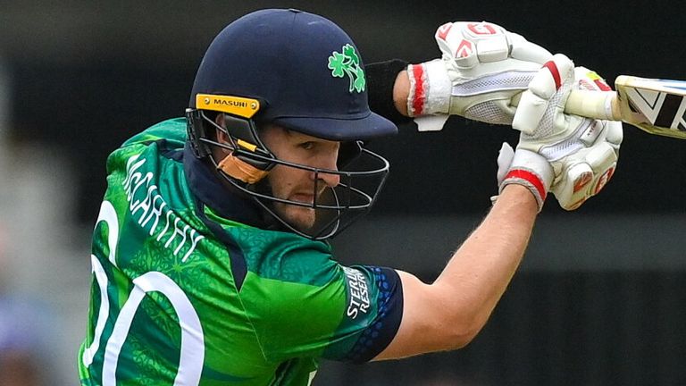 Dublin , Ireland - 18 August 2023; Ireland batter Barry McCarthy during match one of the Men's T20 International series between Ireland and India at Malahide Cricket Ground in Dublin. (Photo By Seb Daly/Sportsfile via Getty Images)
