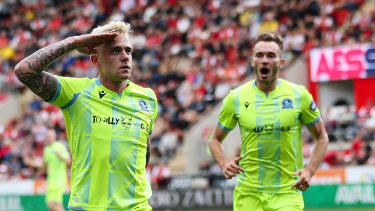 ROTHERHAM, ENGLAND - AUGUST 12: Sammie Szmodics of Blackburn Rovers celebrates scoring their side's second goal during the Sky Bet Championship match between Rotherham United and Blackburn Rovers at AESSEAL New York Stadium on August 12, 2023 in Rotherham, England. (Photo by Jess Hornby/Getty Images)