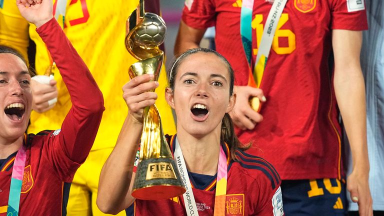 August 20 2023: Aitana Bonmati (Spain) with the the World Cup trophy during a FiFA Womens World Cup Final game, Spain versus England, at Olympic Stadium, Sydney, Australia. Kim Price/CSM (Credit Image: .. Kim Price/Cal Sport Media) (Cal Sport Media via AP Images)