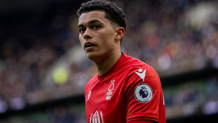 Nottingham Forest's Brennan Johnson during the Premier League soccer match between Tottenham and Nottingham Forest at The Tottenham Hotspur Stadium in London, England, Saturday March 12th, 2023. (AP Photo/Leila Coker)