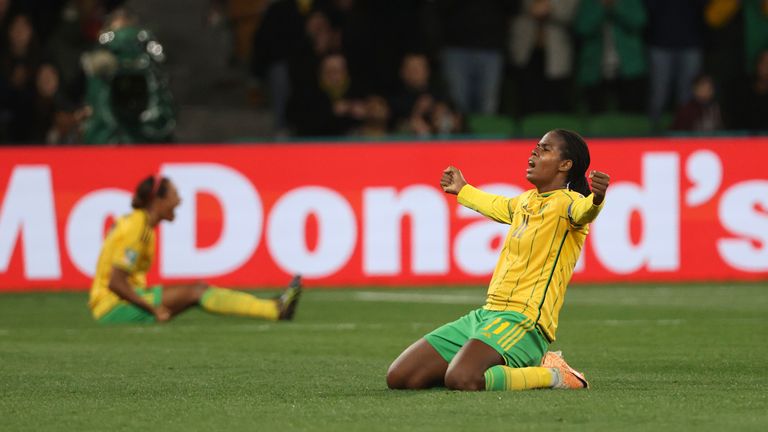 Jamaica's Khadija Shaw, right, celebrates after the Women's World Cup Group F soccer match between Jamaica and Brazil in Melbourne, Australia, Wednesday, Aug. 2, 2023. (AP Photo/Hamish Blair)