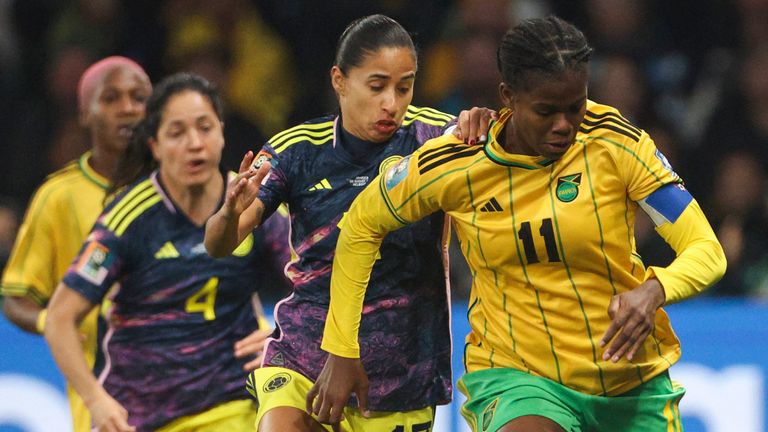 Jamaica's Khadija Shaw, right, and Colombia's Carolina Arias vie for the ball