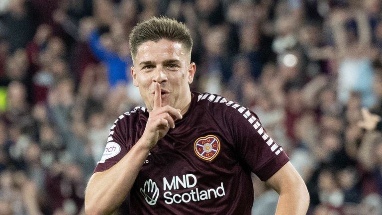 EDINBURGH, SCOTLAND - AUGUST 17: Hearts' Cammy Devlin celebrates as he scores to make it 3-1 during a UEFA Conference League Qualifier between Heart of Midlothian and Rosenborg at Tynecastle Park, on August 17, 2023, in Edinburgh, Scotland. (Photo by Mark Scates / SNS Group)