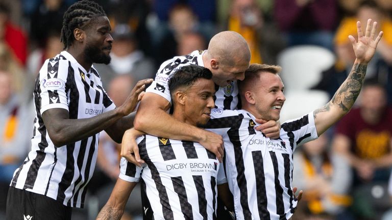 PAISLEY, SCOTLAND - AUGUST 19: St Mirrin's Caolan Boyd-Munce celebrates making it 1-0 with teammates during a Viaplay Cup Round of Sixteen match between St Mirren and Motherwell at SMiSA Stadium, on August 19, 2023, in Paisley, Scotland. (Photo by Craig Williamson / SNS Group)