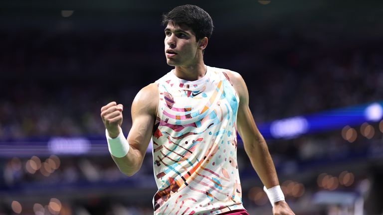 Carlos Alcaraz of Spain celebrates a point against Dominik Koepfer of Germany during their Men's Singles First Round match on Day Two of the 2023 US Open at the USTA Billie Jean King National Tennis Center on August 29, 2023 in the Flushing neighborhood of the Queens borough of New York City. (Photo by Clive Brunskill/Getty Images)