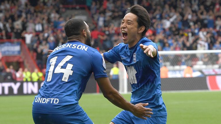 Koji Miyoshi celebrates after giving Birmingham the lead at Bristol City