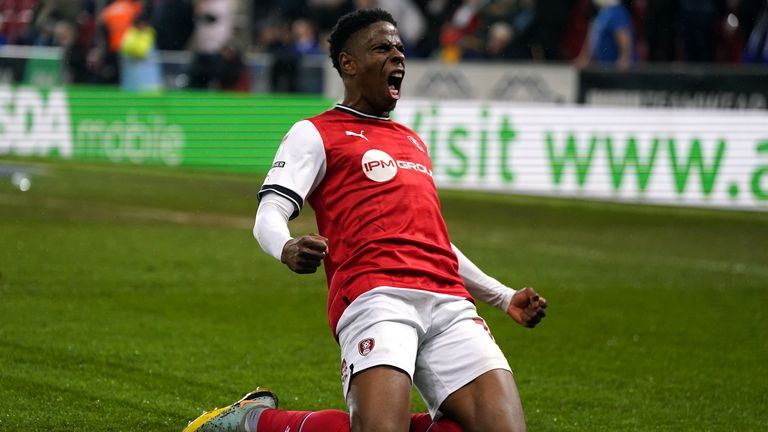 Chiedozie Ogbene celebrates scoring for Rotherham