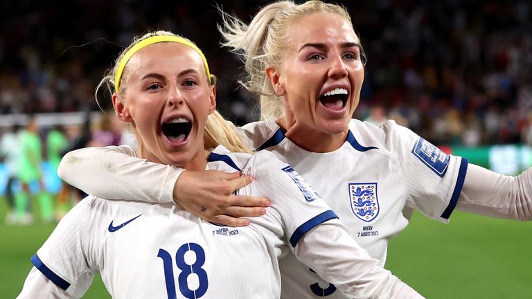 Chloe Kely and Alex Greenwood celebrate England's penalty shootout win over Nigeria in the Women's World Cup last 16