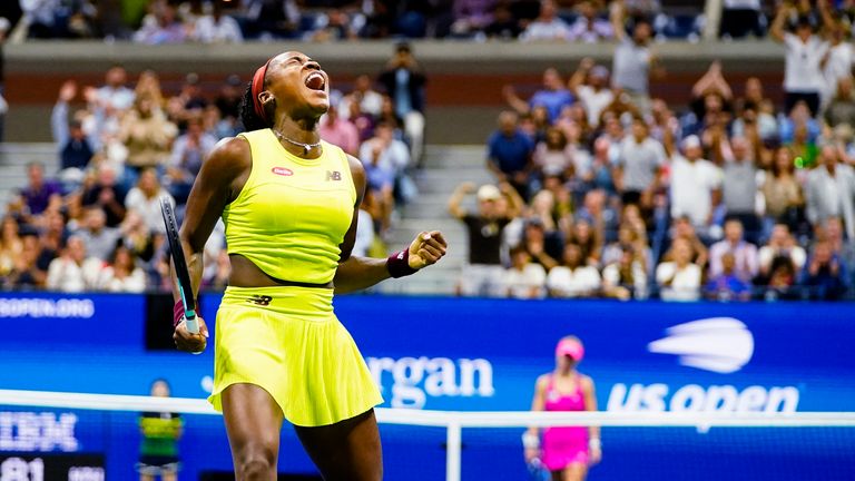 Coco Gauff, of the United States, reacts during a match against Laura Siegemund, of Germany, at the first round of the U.S. Open tennis championships, Monday, Aug. 28, 2023, in New York. (AP Photo/Frank Franklin II)