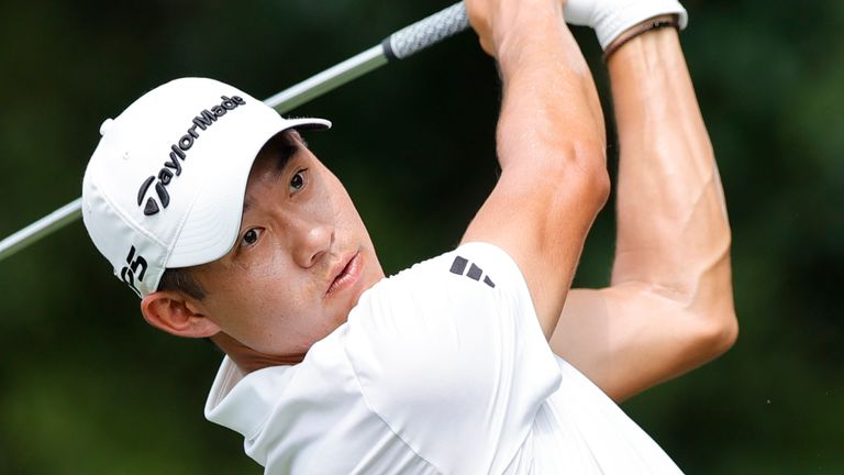 Collin Morikawa hits a tee shot on the second hole during the first round of the Tour Championship golf tournament at East Lake Golf Club, Thursday, Aug. 24, 2023, in Atlanta. (AP Photo/Alex Slitz)