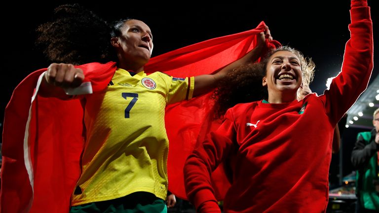 Morocco&#39;s Salma Amani, left, and Morocco&#39;s Fatima Gharbi celebrate after the Women&#39;s World Cup Group H soccer match between Morocco and Colombia in Perth, Australia, Thursday, Aug. 3, 2023. (AP Photo/Gary Day)