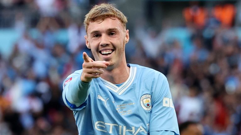 Cole Palmer celebrates after breaking the deadlock in the Community Shield with a stunning strike