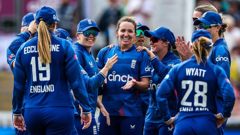 England's Lauren Bell celebrates a wicket during the third ODI against Australia in 2023 (PA Images)