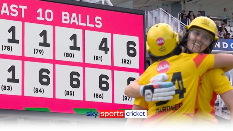 Trent Rockets batters Jo Gardner and Nat Sciver-Brunt smashed five sixes off the last six balls of their innings to see their side beat London Spirt at Lord&#39;s in the women&#39;s Hundred.