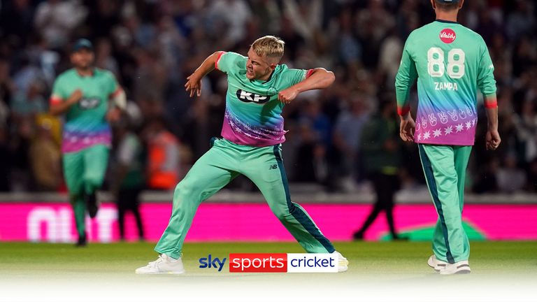 Sam Curran celebrates the wicket of Chris Wood to win Oval Invincibles&#39; match in The Hundred against London Spirit.