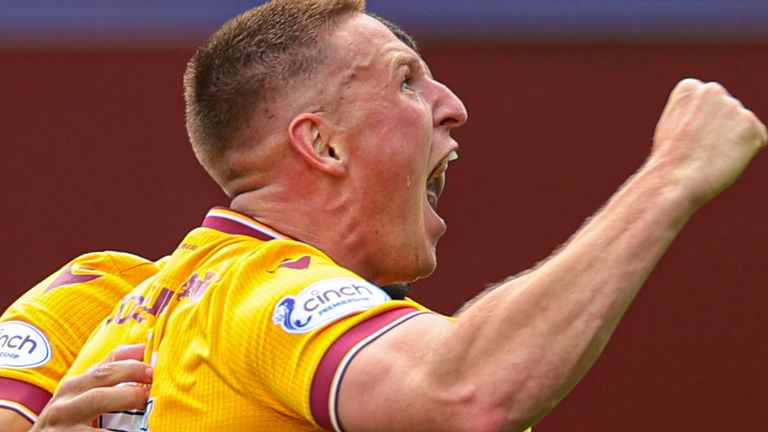 MOTHERWELL, SCOTLAND - AUGUST 26: Motherwell's Dan Casey celebrates scoring to make it 1-1 during a cinch Premiership match between Motherwell and Kilmarnock at Fir Park, on August 26, 2023, in Motherwell, Scotland. (Photo by Ewan Bootman / SNS Group)