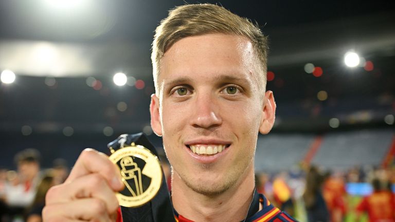 Dani Olmo of Spain poses for a photo with his winners medal after the team's victory in the UEFA Nations League 2022/23 final match between Croatia and Spain at De Kuip on June 18, 2023 in Rotterdam, Netherlands.