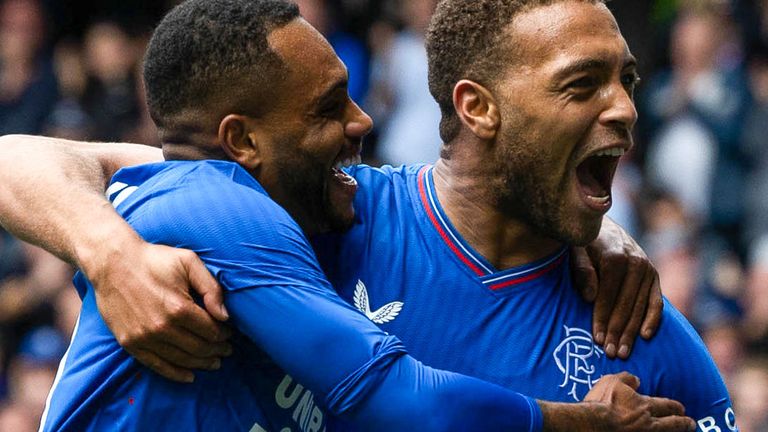 GLASGOW, SCOTLAND - AUGUST 19: Danilo celebrates with Cyriel Dessers after scoring to make it 2-1 Rangers during a Viaplay Cup match between Rangers and Greenock Morton at Ibrox Stadium, on August 19, 2023, in Glasgow, Scotland. (Photo by Craig Foy / SNS Group)