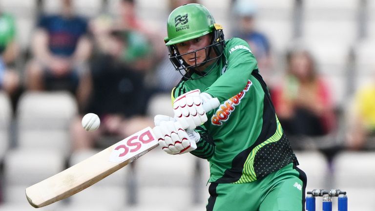 SOUTHAMPTON, ENGLAND - AUGUST 16: Danni Wyatt of Southern Brave hits for four during The Hundred match between Southern Brave Women and Birmingham Phoenix Women at The Ageas Bowl on August 16, 2023 in Southampton, England. (Photo by Mike Hewitt/Getty Images)