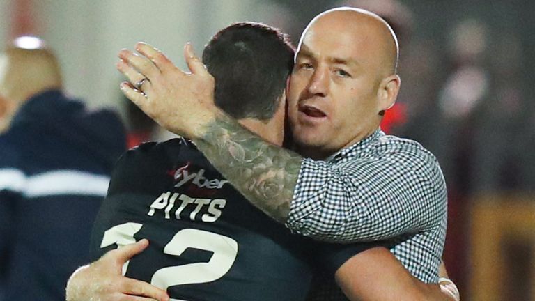 Picture by Allan McKenzie/SWpix.com - 06/09/2019 - Rugby League - Betfred Super League - Hull KR v London Broncos - KC Lightstream Stadium, Hull, England - Jay Pitts of London Broncos and Danny Ward Head celebrate at full time 