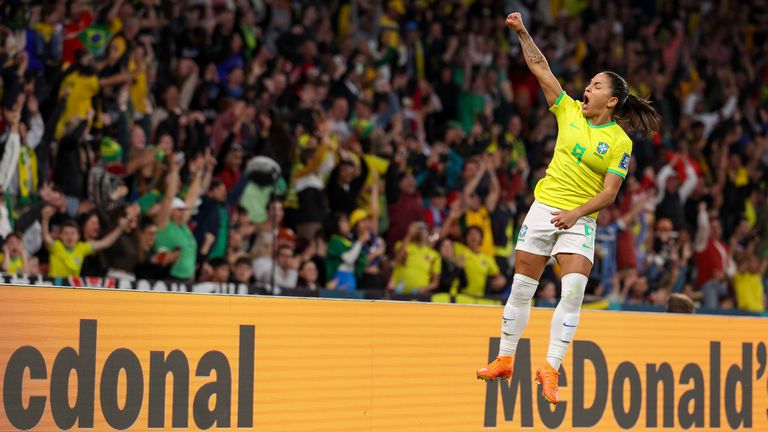 Brazil's Debinha celebrates her goal during the Women's World Cup Group F soccer match between France and Brazil in Brisbane, Australia, Saturday, July 29, 2023. (AP Photo/Katie Tucker)