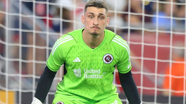 July 15, 2023; Foxborough, MA, USA; New England Revolution goalkeeper Djordje Petrovic (99) in action during the MLS match between D.C. United and New England Revolution. Anthony Nesmith/CSM (Credit Image: .. Anthony Nesmith/Cal Sport Media) (Cal Sport Media via AP Images)