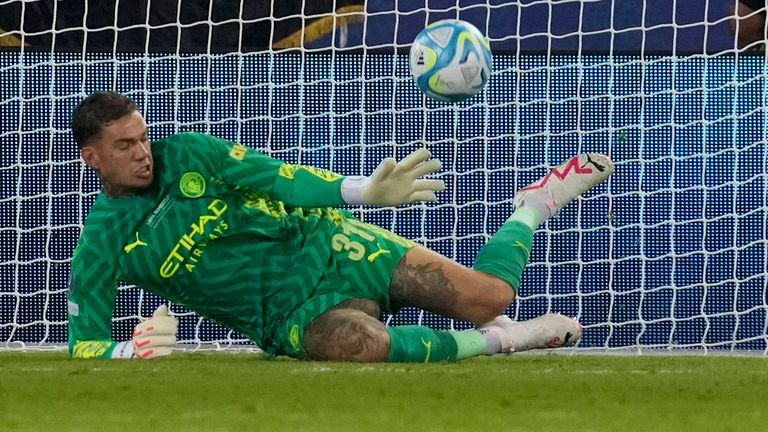 Ederson makes a good save to stop Sevilla taking a 2-0 lead against Man City in the UEFA Super Cup in the second half