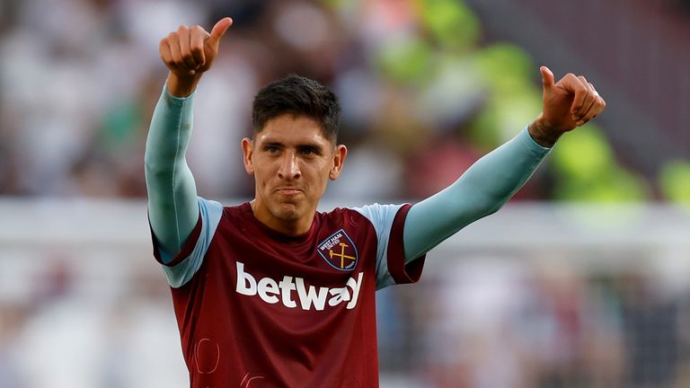 LONDON, ENGLAND - AUGUST 20: Edson Alvarez of West Ham United celebrates with fans after the Premier League match between West Ham United and Chelsea FC at London Stadium on August 20, 2023 in London, England. (Photo by Nigel French/Sportsphoto/Allstar via Getty Images) *** Local Caption ***Edson Alvarez