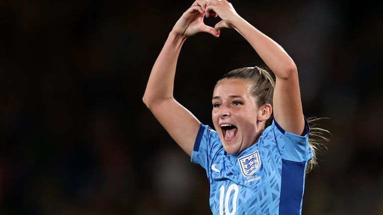 Ella Toone celebrates her goal against Australia