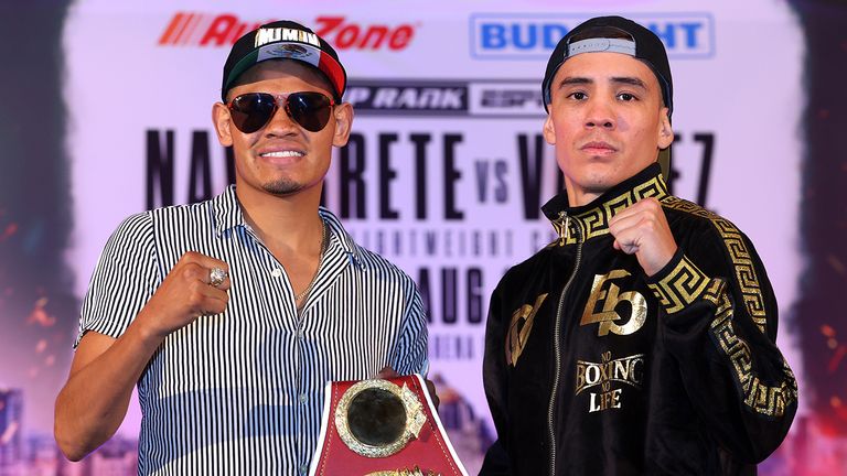 TEMPE, ARIZONA - AUGUST 10: Emanuel Navarrete (L) and Oscar Valdez (R) pose during the press conference prior to their August 12 WBO junior lightweight championship fight at Marriott Phoenix Resort at The Buttes on August 10, 2023 in Tempe, Arizona. (Photo by Mikey Williams/Top Rank Inc via Getty Images)