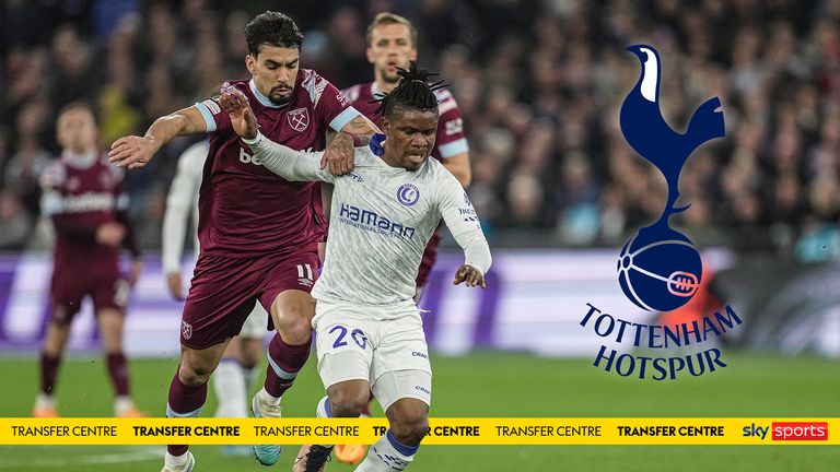 Gent&#39;s Gift Emmanuel Orban challenges for the ball with West Ham&#39;s Lucas Paqueta during the Conference League