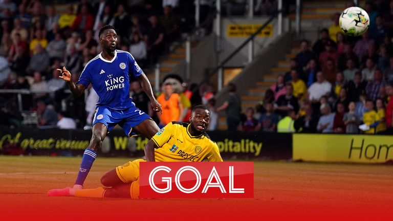 Wilfred Ndidi scores Leicester's second goal against Burton in the Carabao Cup first round.
