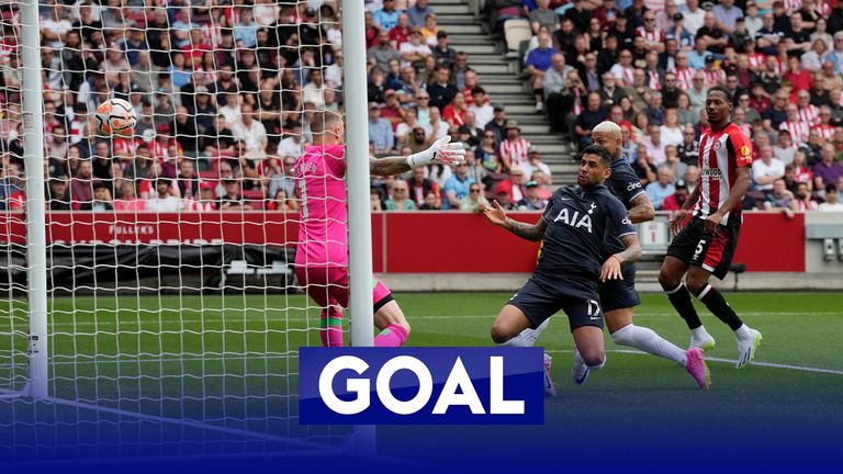 Cristian Romero heads in to score the first goal of Ange Postecoglou&#39;s time in charge of Tottenham after a lengthy VAR check for potential offside.
