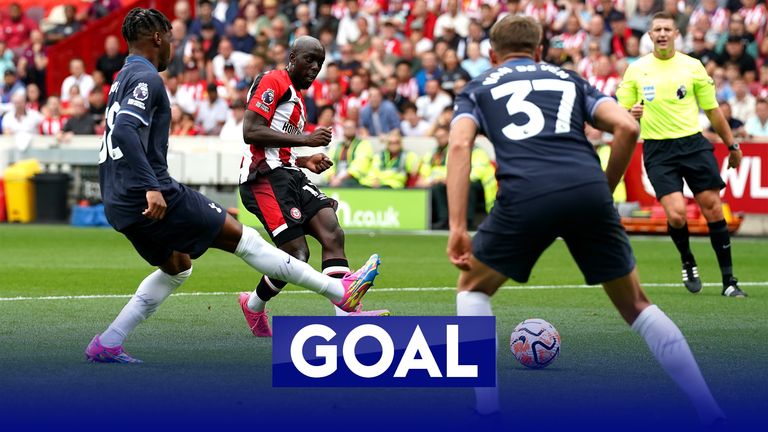Yoane Wissa&#39;s shot deflects in off Tottenham defender Micky Van de Ven to give Brentford a 2-1 lead.