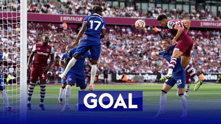 Nayef Aguerd rises highest to head in James Ward-Prowse's corner and give West Ham an early lead against Chelsea.