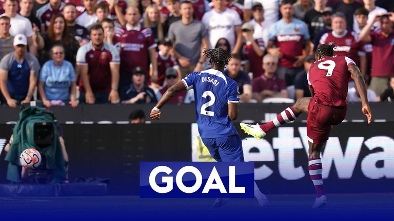 Michail Antonio's powerful shot puts West Ham back in front against Chelsea.