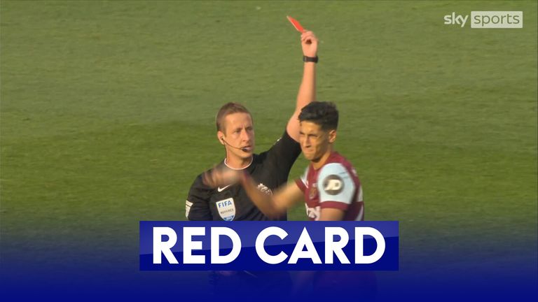 Nayef Aguerd picks up his second yellow card and is sent off for West Ham against Chelsea.